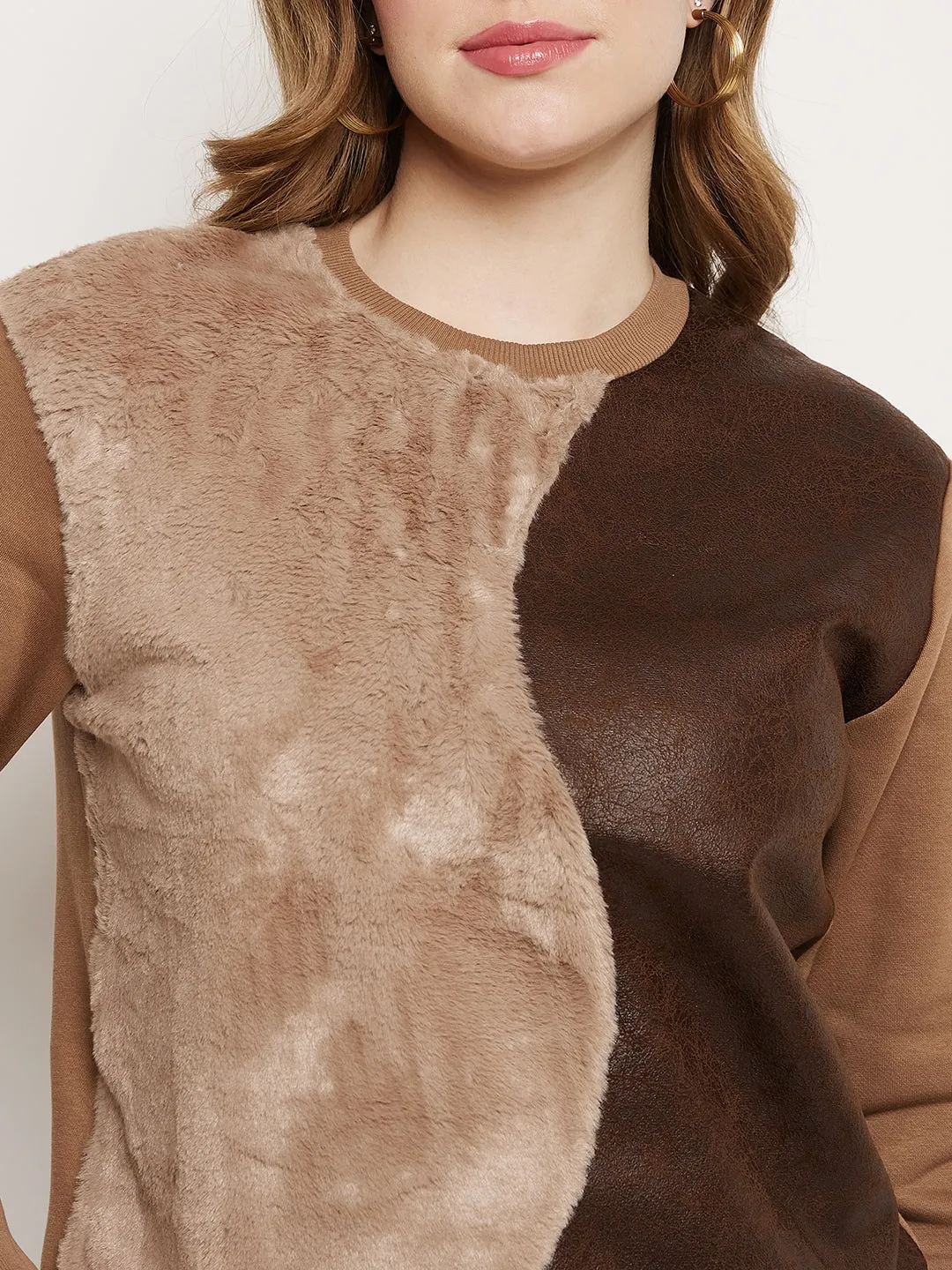 Madame Brown Fleece And Faux Leather Colourblocked Sweatshirt Cozy All Season Fresh Fit