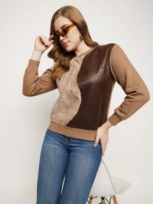 product ethnic authenticity Madame Brown Fleece And Faux Leather Colourblocked Sweatshirt