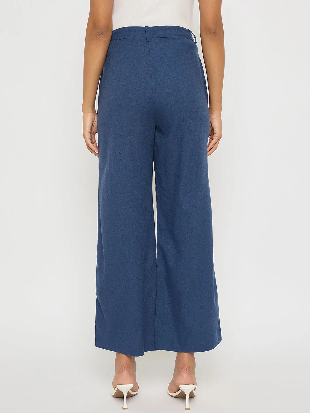 Madame Solid Navy Blue Rayon Blend Gurkha Trousers Flattering Cut Formal Look