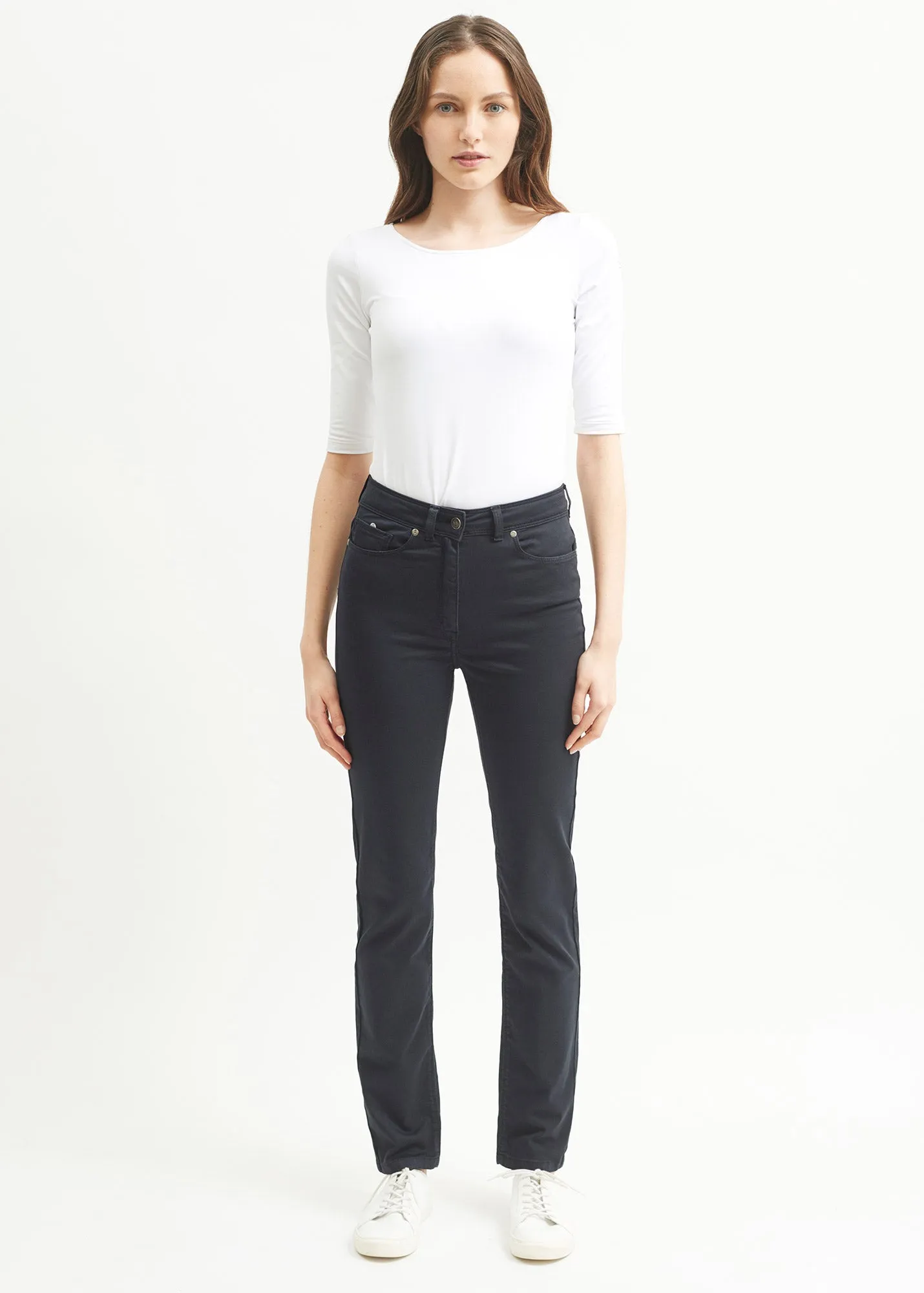 Mimosa high waist pants - slim fit, in stretch cotton (NAVY) AntiBacterialTextile Comfortable Layer