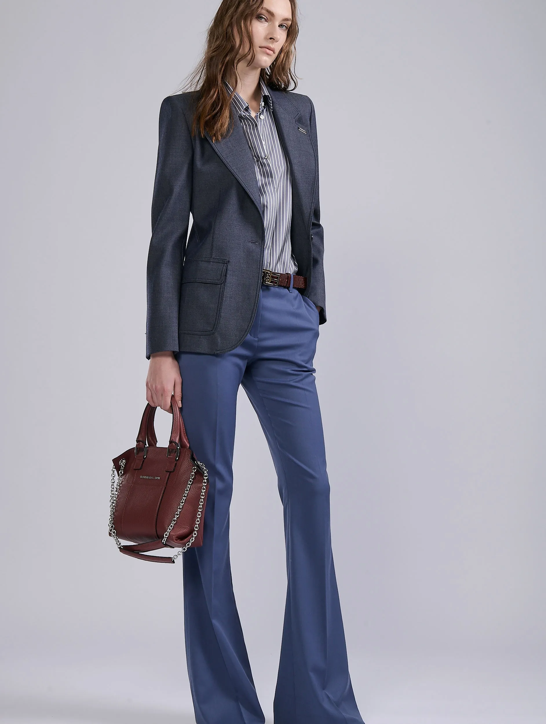Blue stretch wool gabardine bootcut trousers Anti Pilling Treatment
