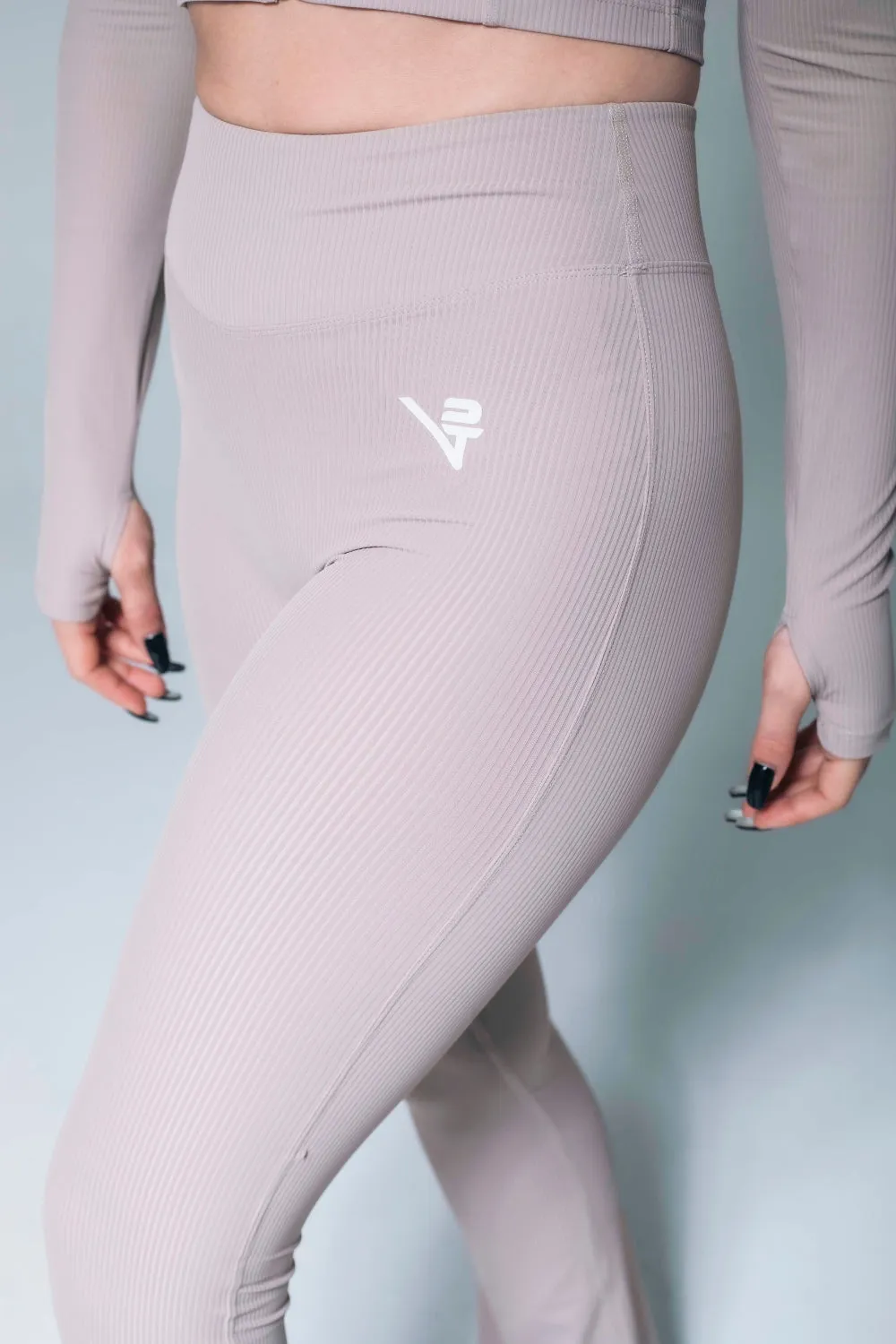 Stretchy Waist Hiking Trail Lightweight Material Beige Ribbed Flared Leggings