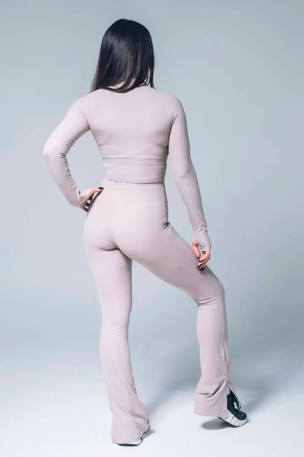 Form Fitting Beige Ribbed Flared Leggings