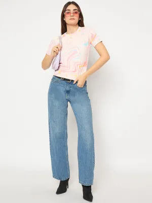 HighCollar Style Elegant Wear Madame Marble Print Crew Neck White Top
