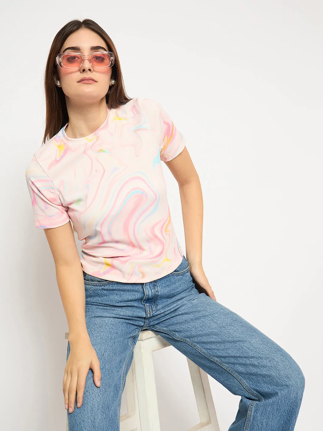 Madame Marble Print Crew Neck White Top Reuse Mode