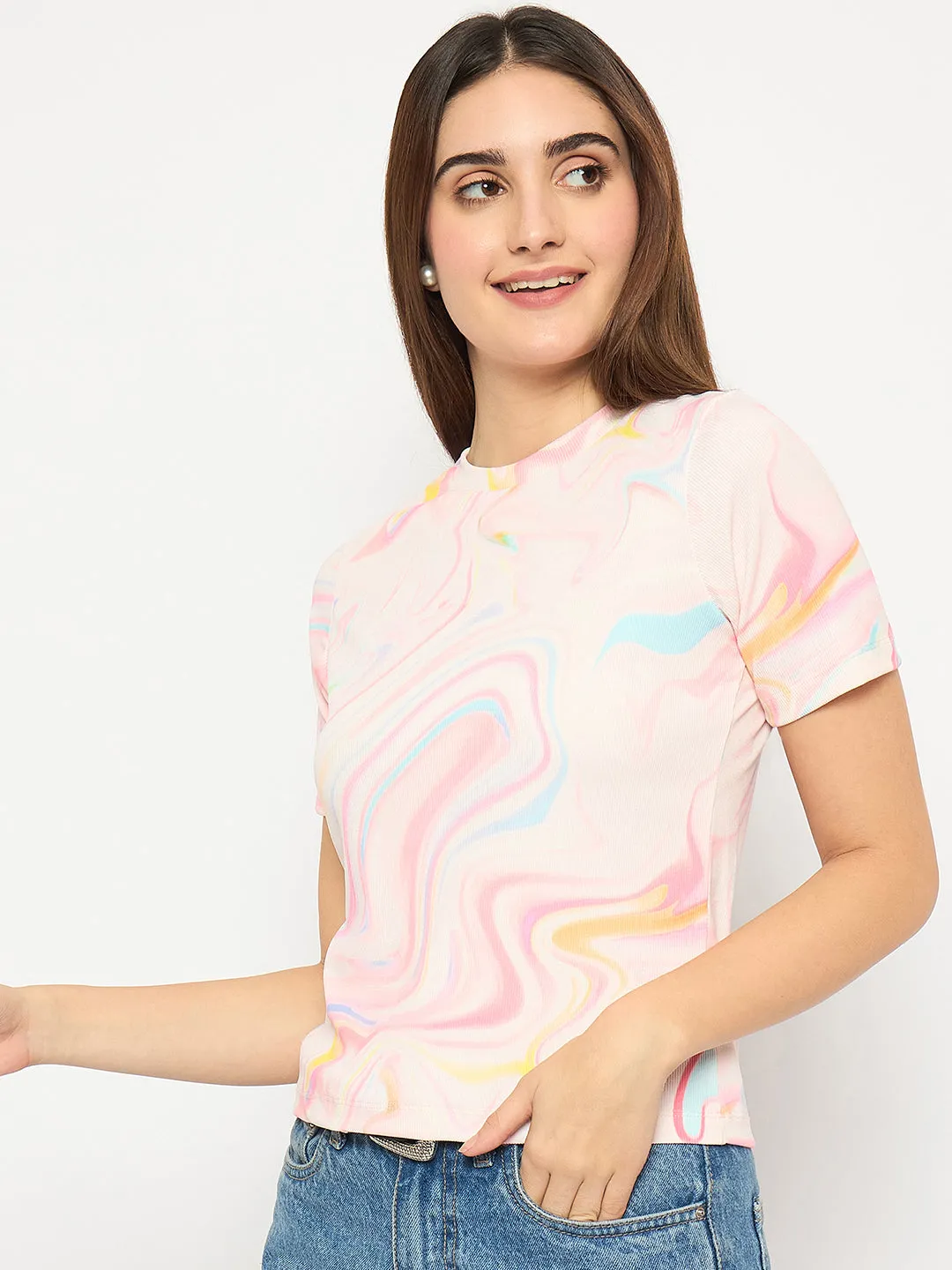 Madame Marble Print Crew Neck White Top Adjustable drawstring SnagFree Surface