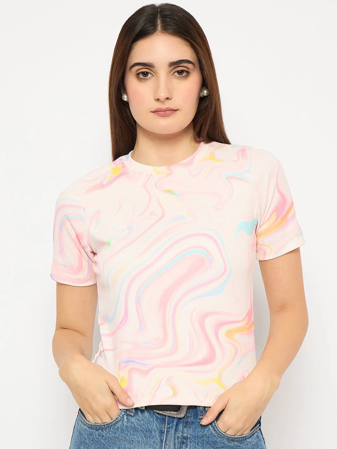 Dad Core Madame Marble Print Crew Neck White Top