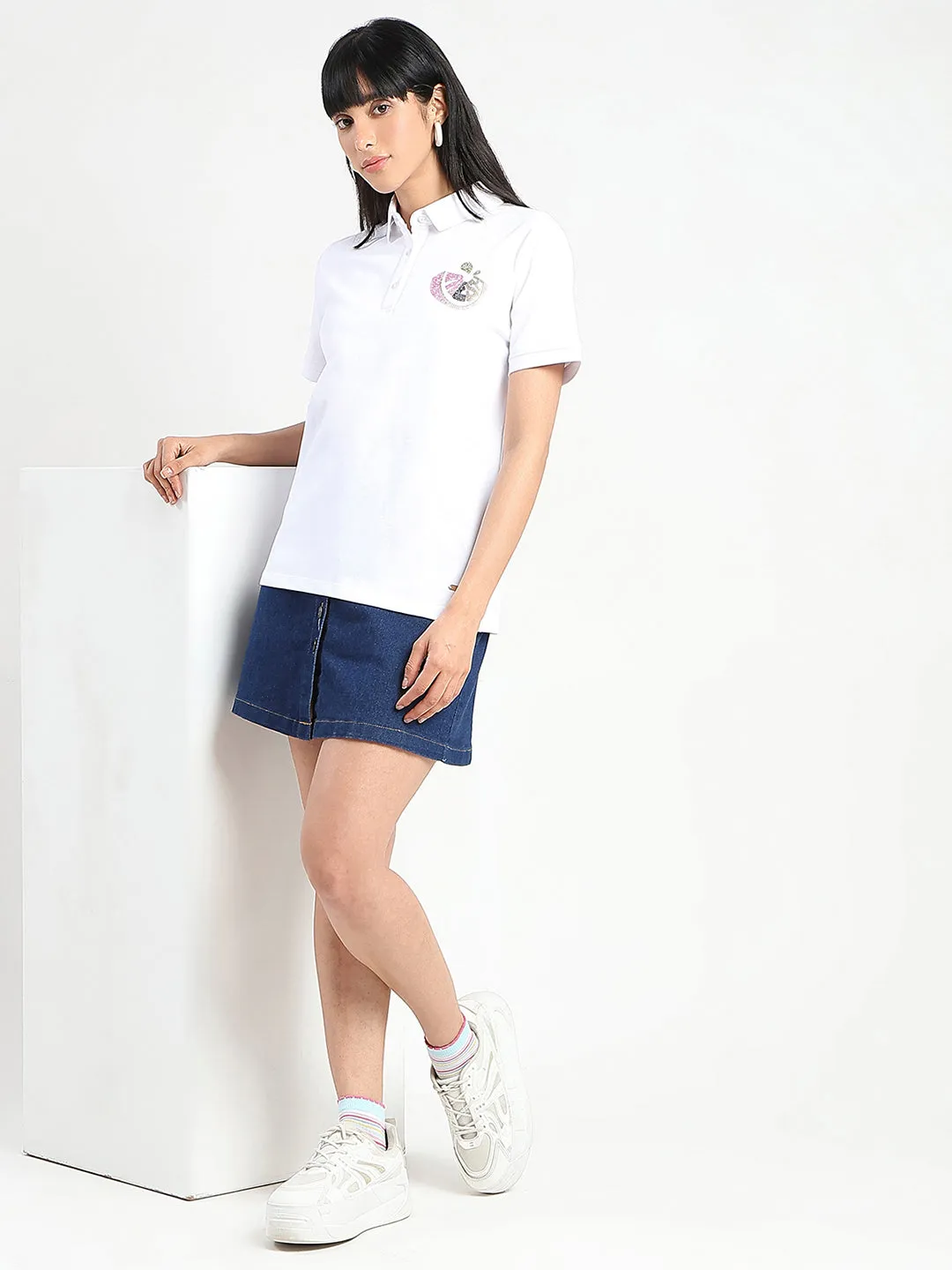 Low carbon footprint Relaxed Wearable Madame Graphic Print Adorned Cotton Blend White Polo T-shirt