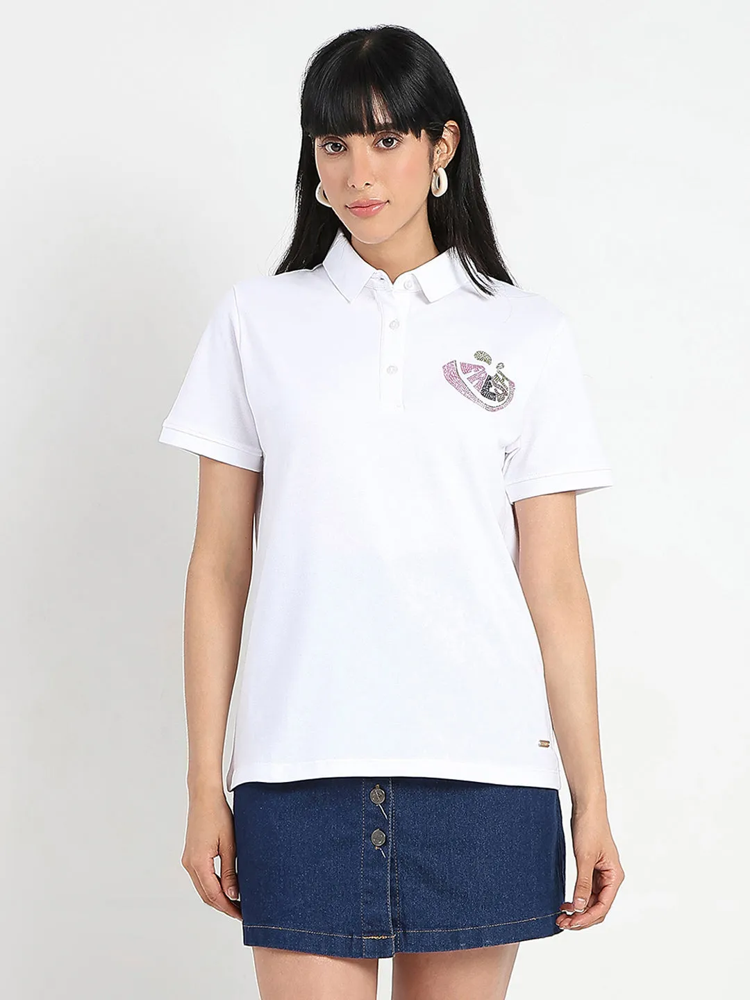 Chic Outfit informal gathering Madame Graphic Print Adorned Cotton Blend White Polo T-shirt
