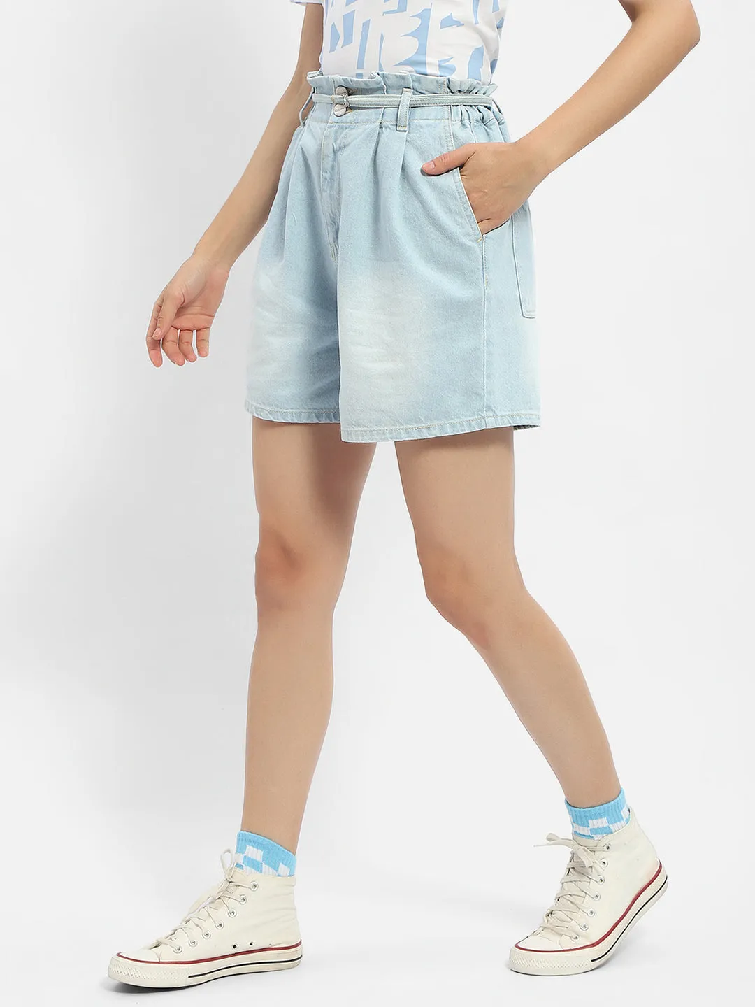 Summer Air Madame Belted Waist Light Blue Denim Shorts