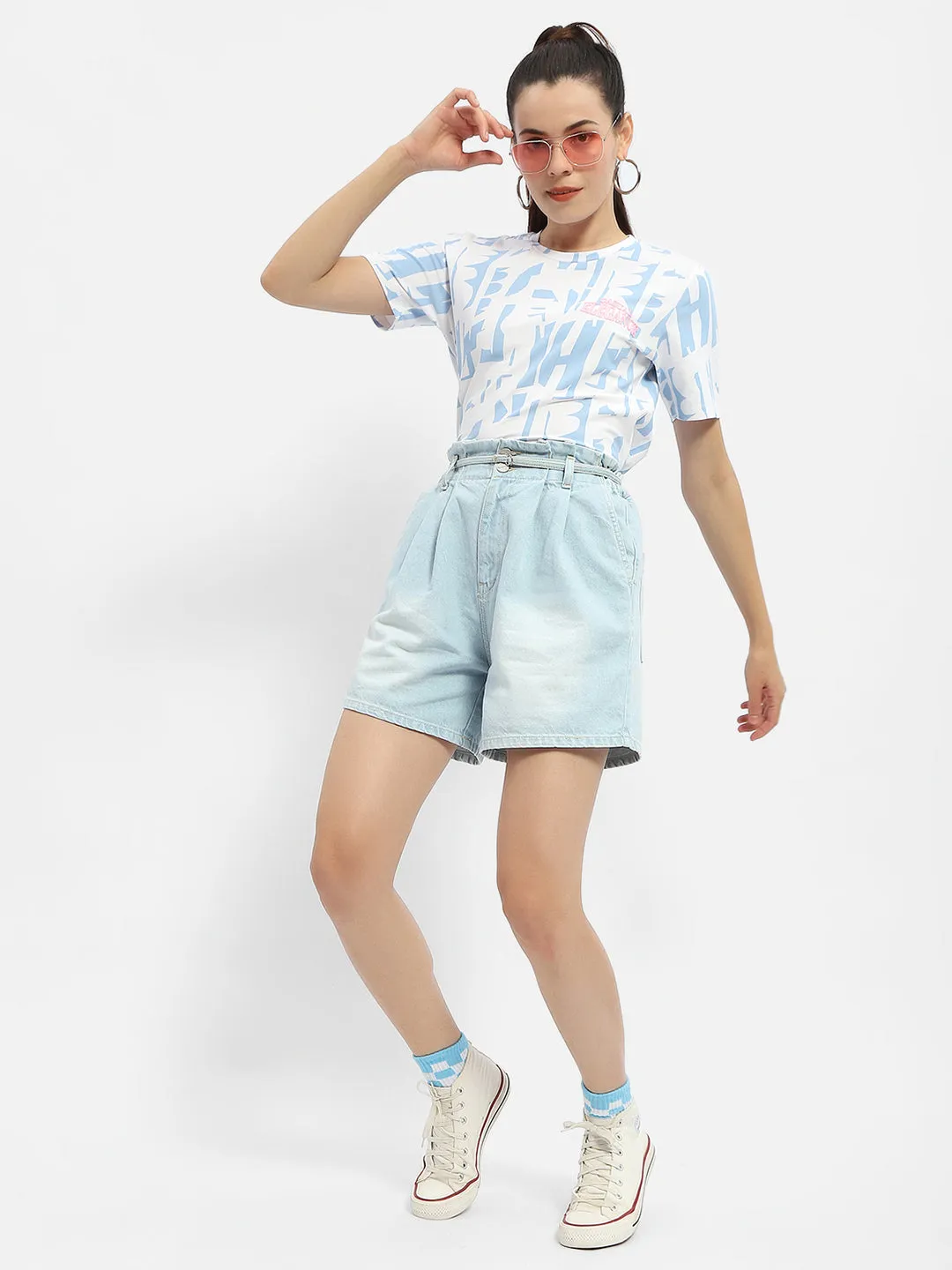 Madame Belted Waist Light Blue Denim Shorts TemperatureControlTechnology Senior Ease