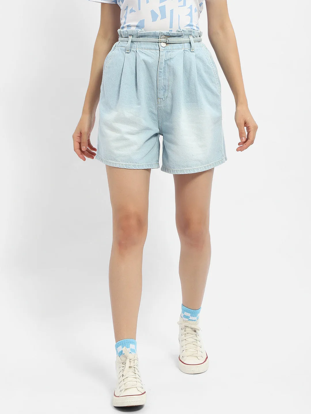 Madame Belted Waist Light Blue Denim Shorts HygroscopicFiber