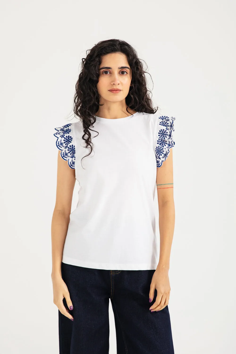 MachineWashable TEE WITH SCHIFFLI DETAIL