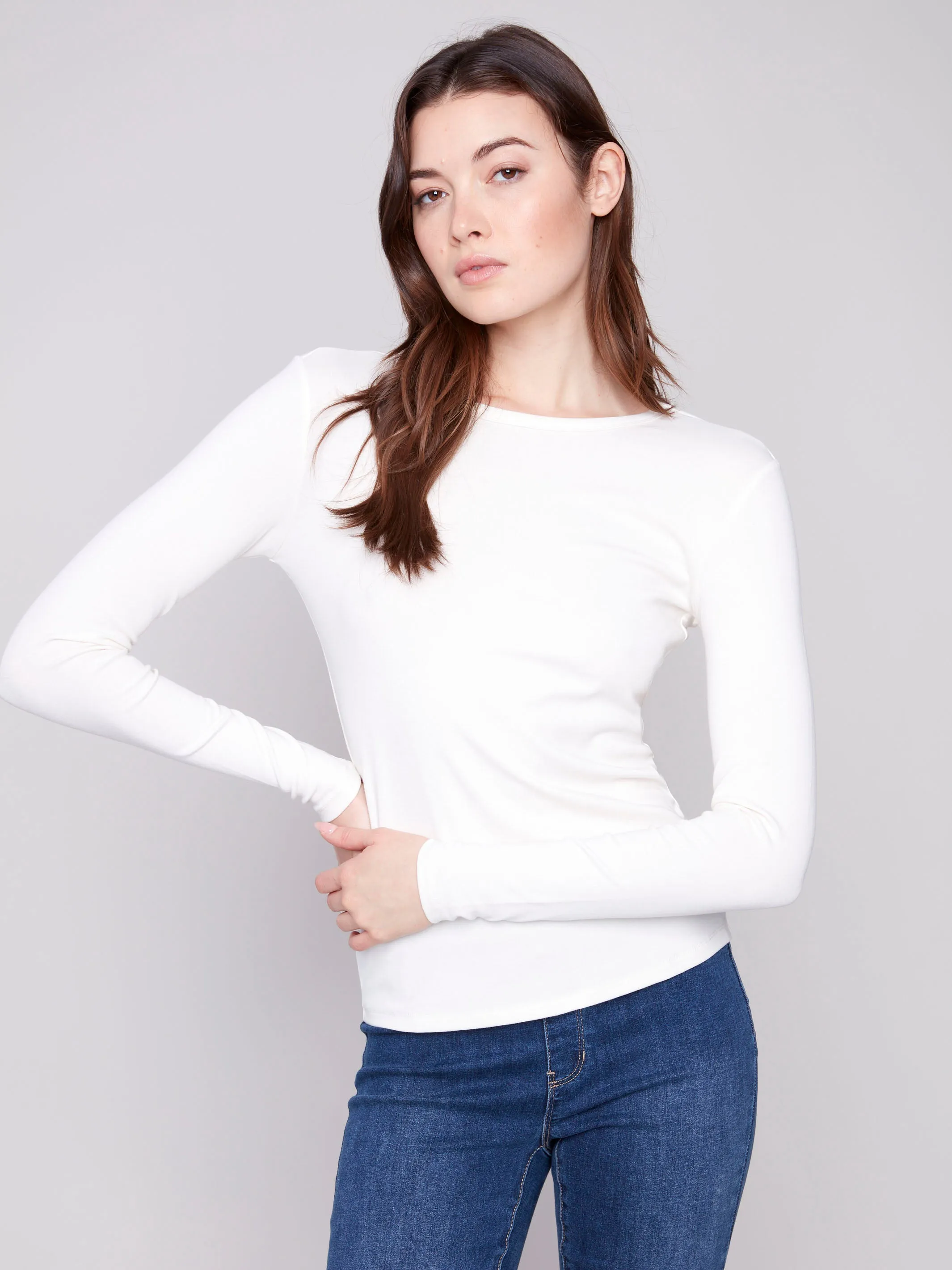 Push Edge Cotton Blend Long Sleeve Crew Neck Top - Ecru