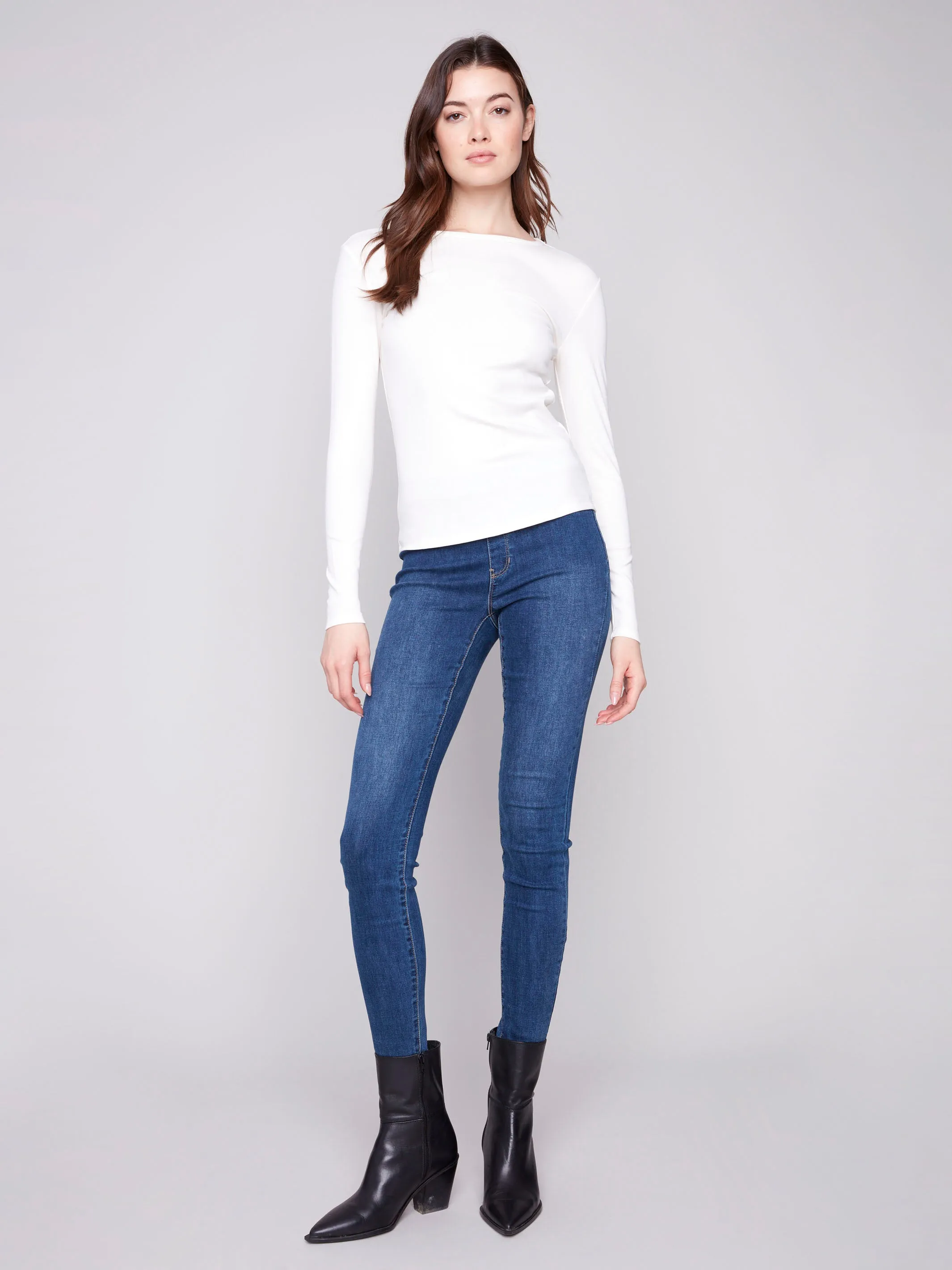 Fashion Forward Cotton Blend Long Sleeve Crew Neck Top - Ecru