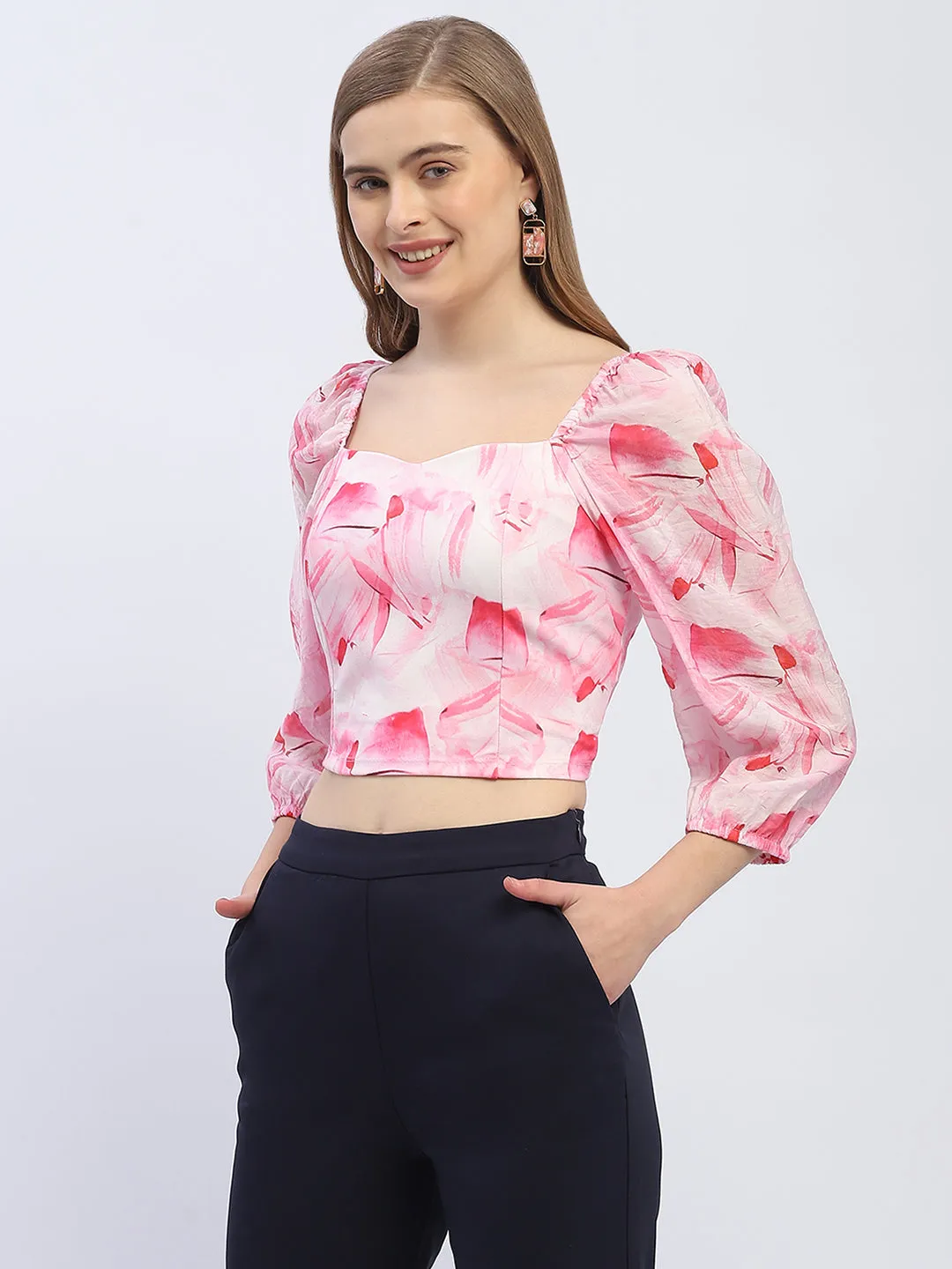 Flexible Waistline Code Soul Madame Sweetheart Neck Pink Floral Top