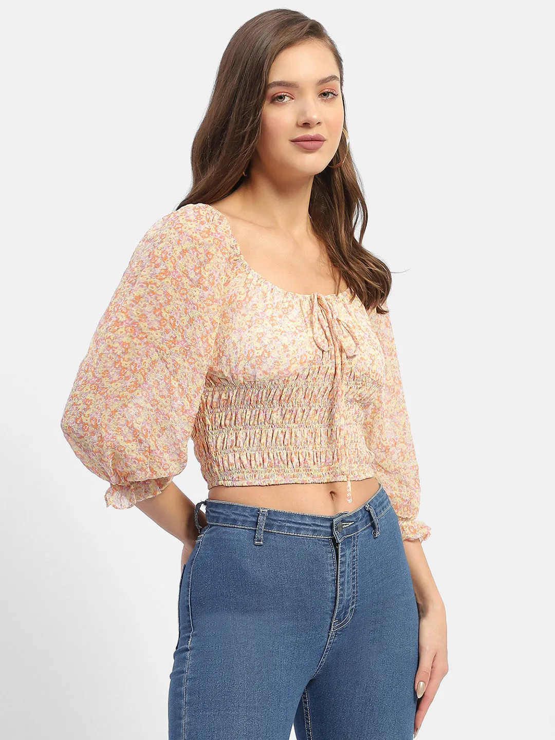 Madame Floral Print Off-White Smocked Off-Shoulder Top Light Ease