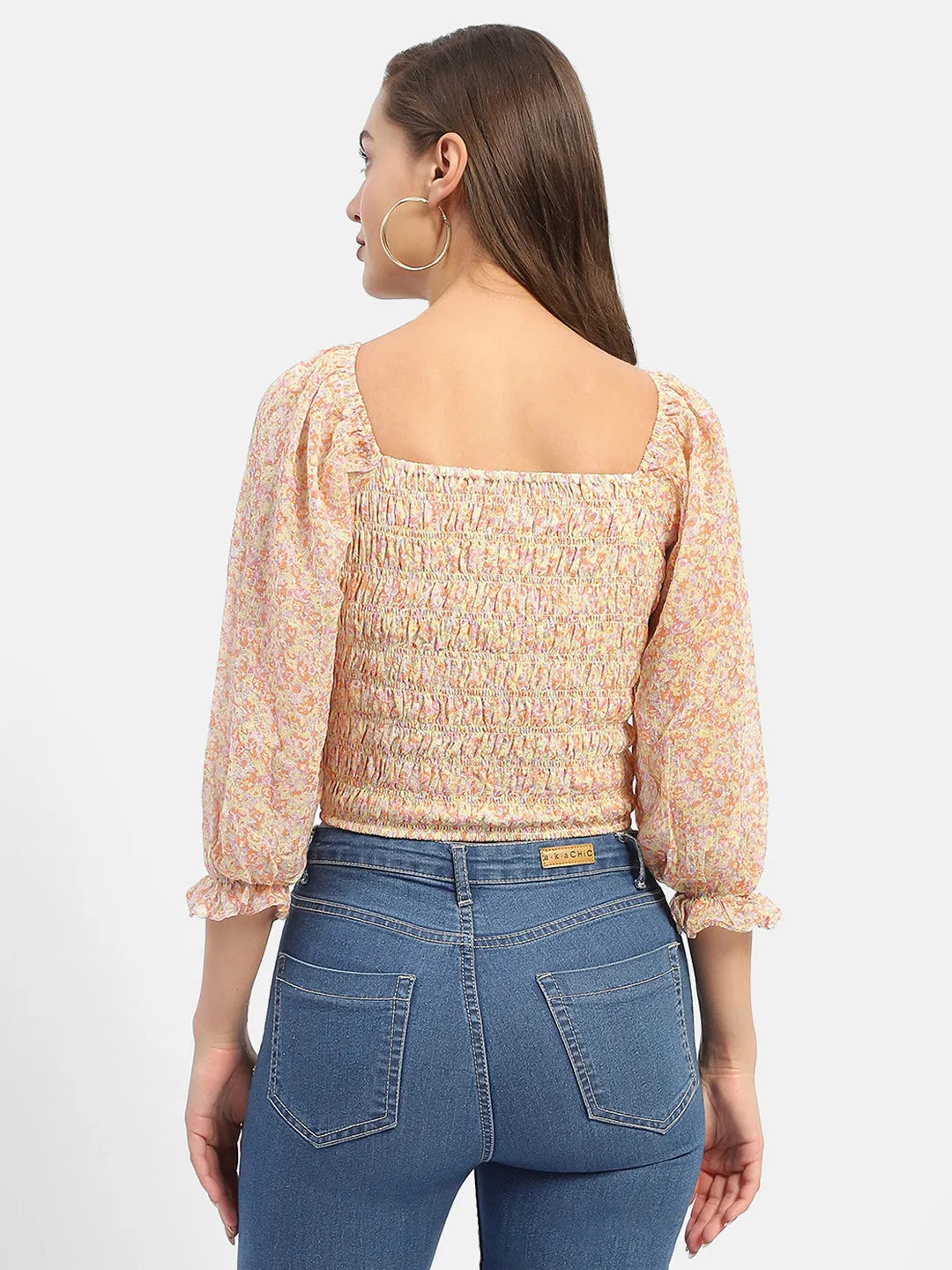 BreathableFabric Comfortable fit Madame Floral Print Off-White Smocked Off-Shoulder Top