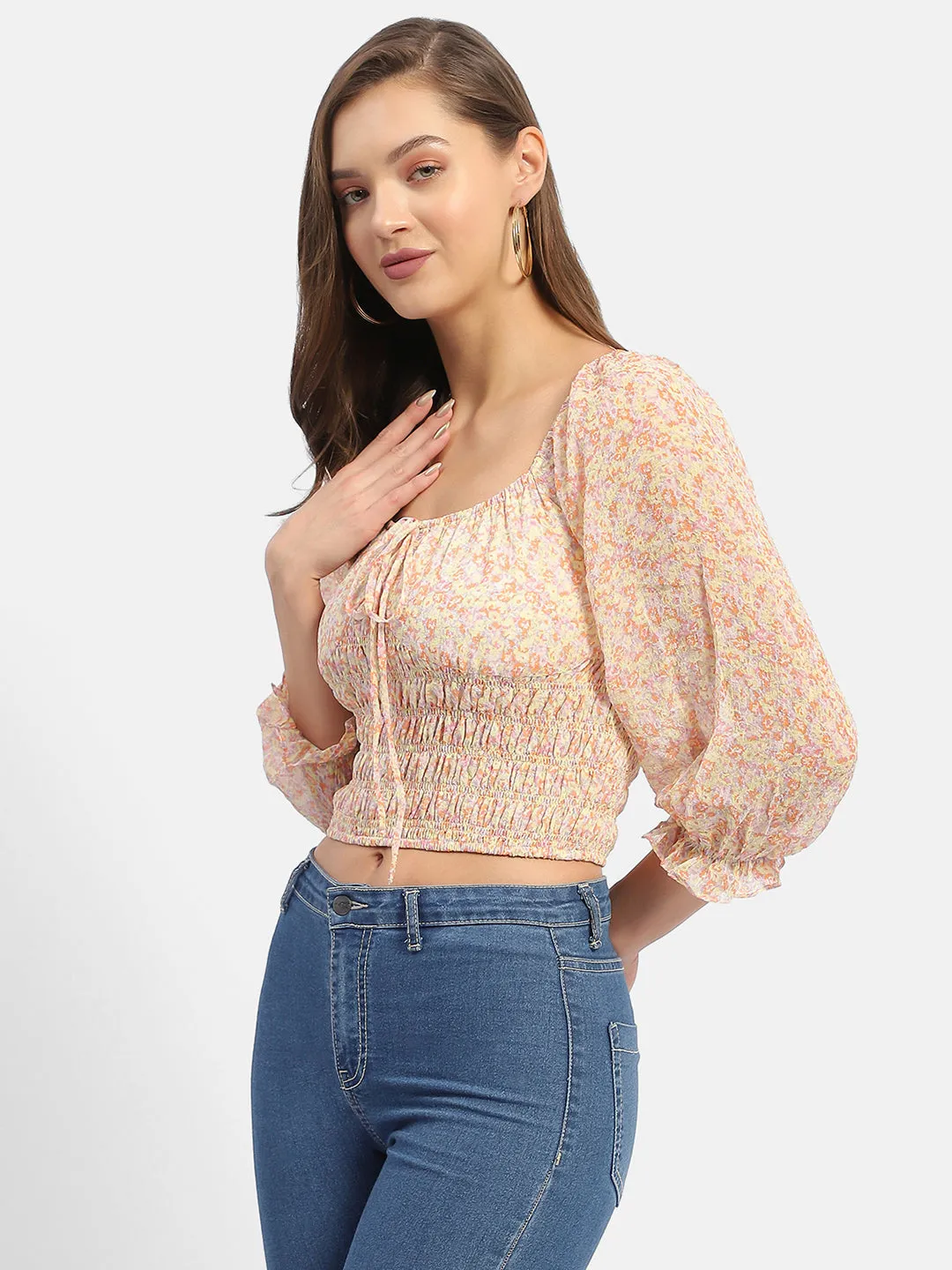 FastDrying Inner Layer Madame Floral Print Off-White Smocked Off-Shoulder Top
