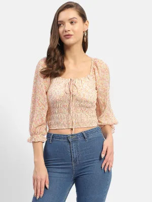 Madame Floral Print Off-White Smocked Off-Shoulder Top QuickDryDesign Calm Tone