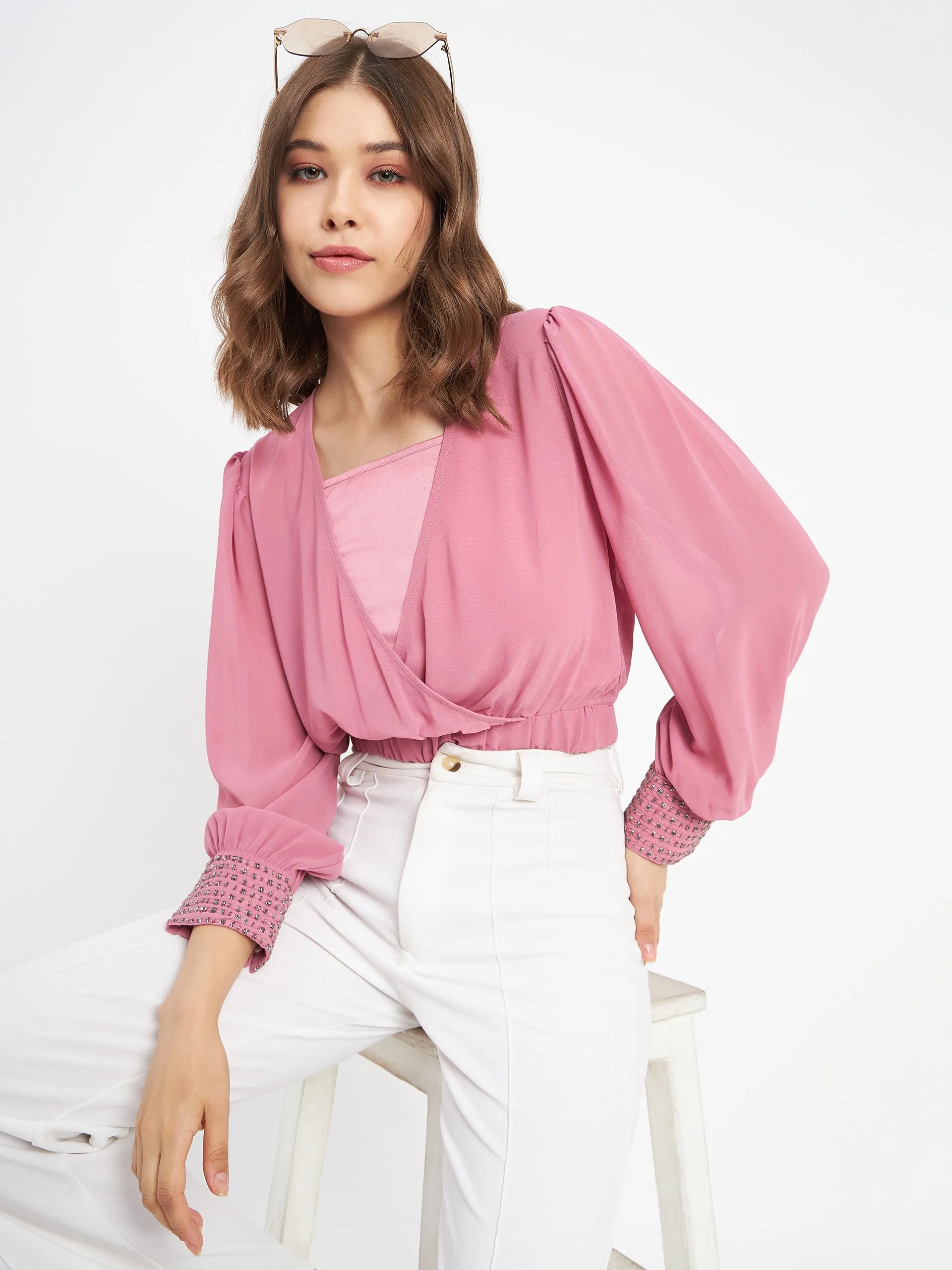 Soul Ease Madame Elasticated Hem Pink Wrap Crop Top