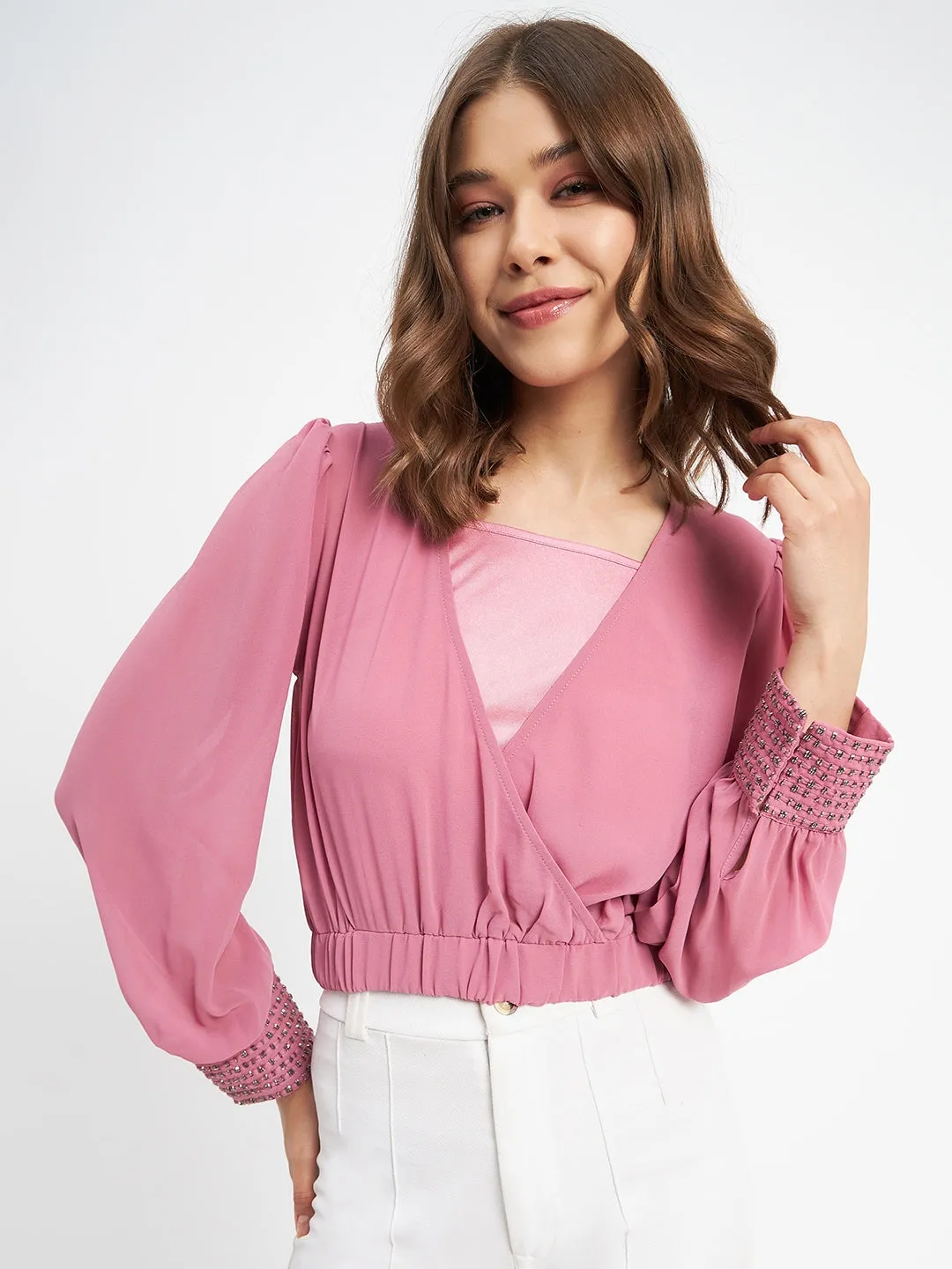 Flexible Apparel Transitional Clothing Madame Elasticated Hem Pink Wrap Crop Top