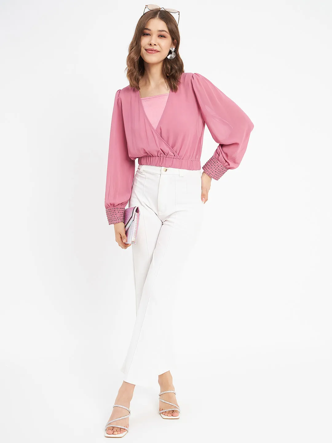 Madame Elasticated Hem Pink Wrap Crop Top UVProtective Coating FlexibleFit