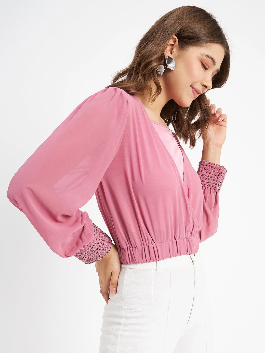 Madame Elasticated Hem Pink Wrap Crop Top Reinforced Edges