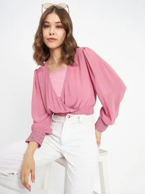 Soul Ease Madame Elasticated Hem Pink Wrap Crop Top