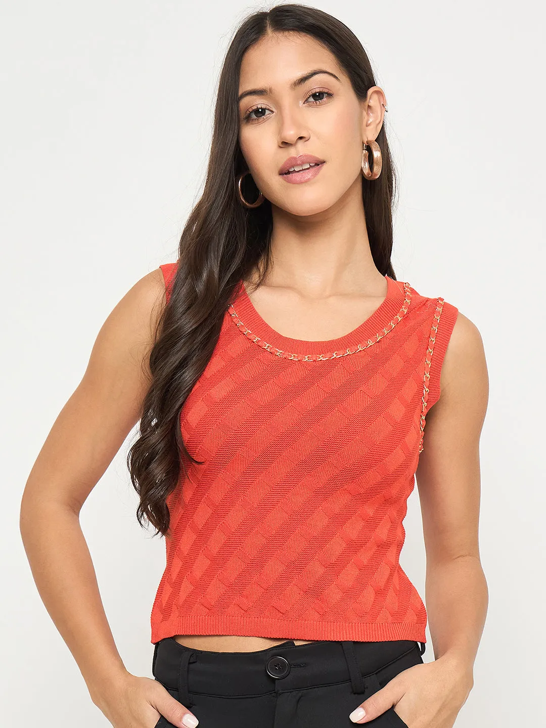 Transitional Fashion Active Apparel Madame Chain Accented Sleeveless Red Knitted Top