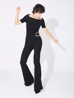 Urban Edge breath easy Black crepe flared trousers with buckle detail