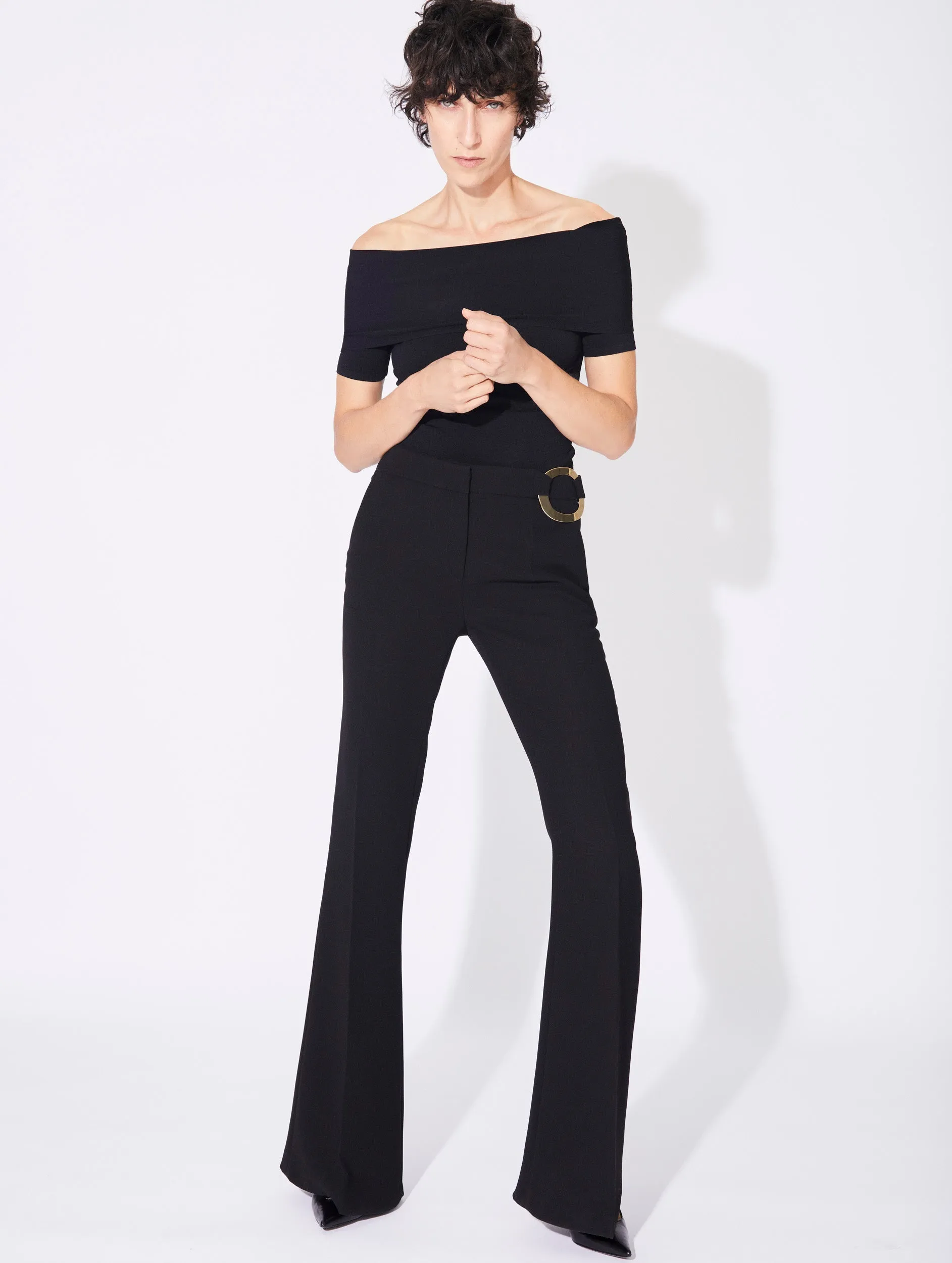 Black crepe flared trousers with buckle detail Convertible legs