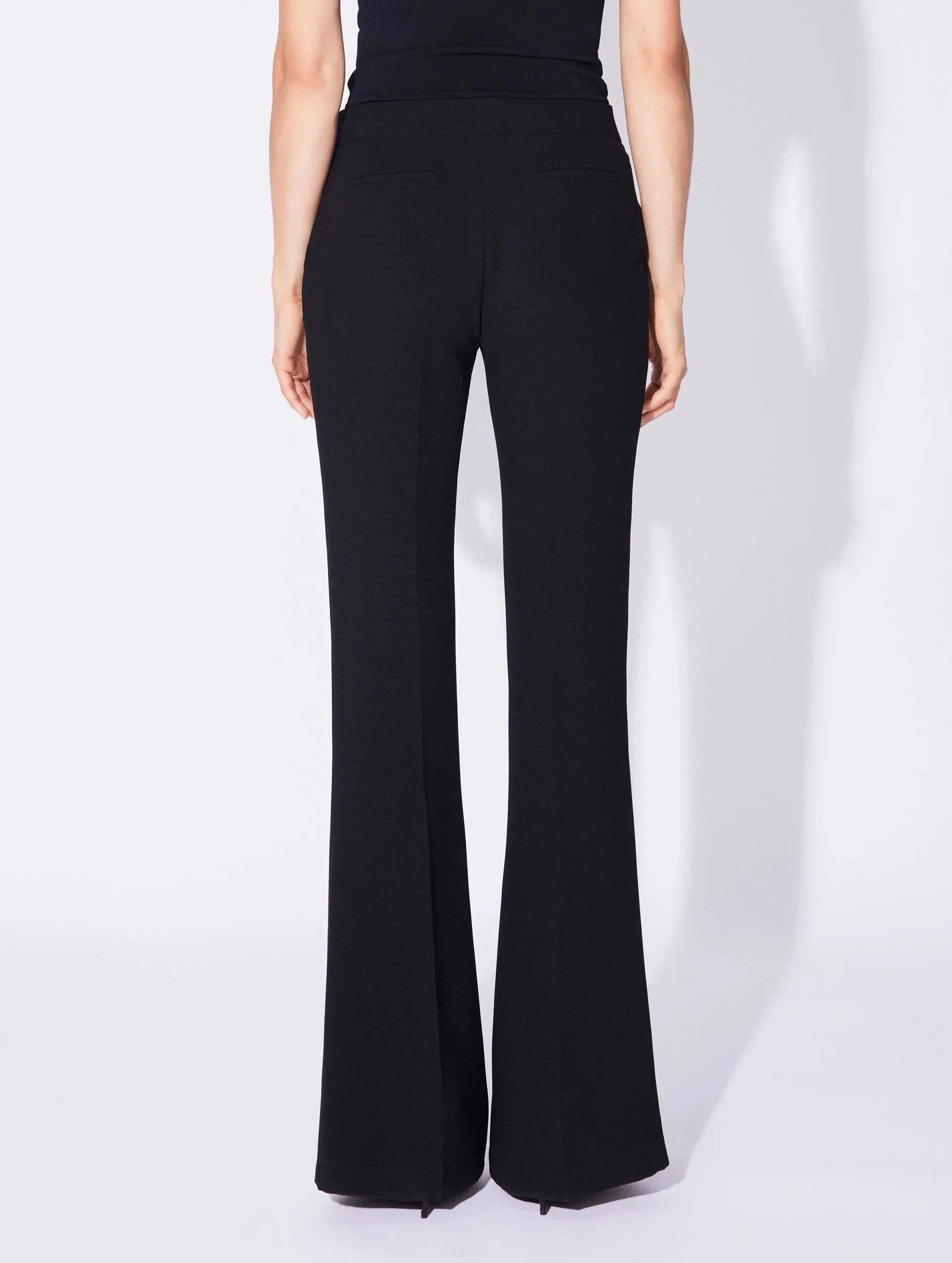 Ventilated Panels Black crepe flared trousers with buckle detail