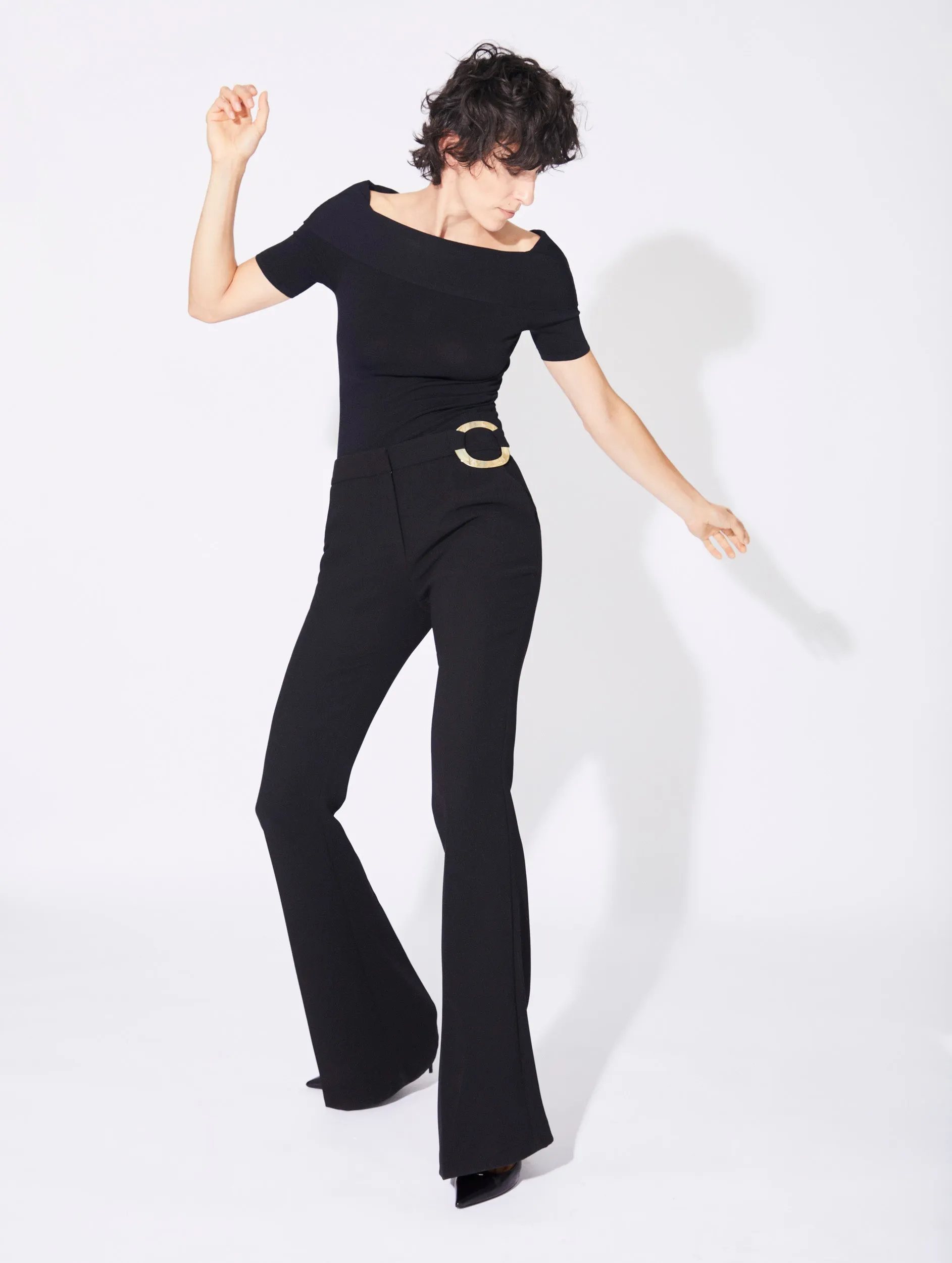 Urban Edge breath easy Black crepe flared trousers with buckle detail