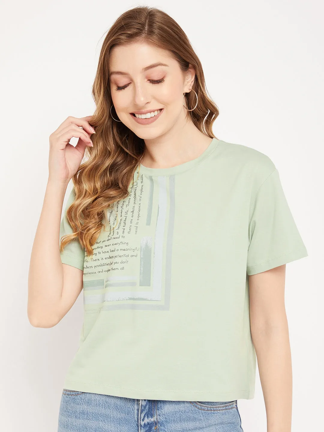 Circular Knit Construction Madame Sea Green Typography T-Shirt
