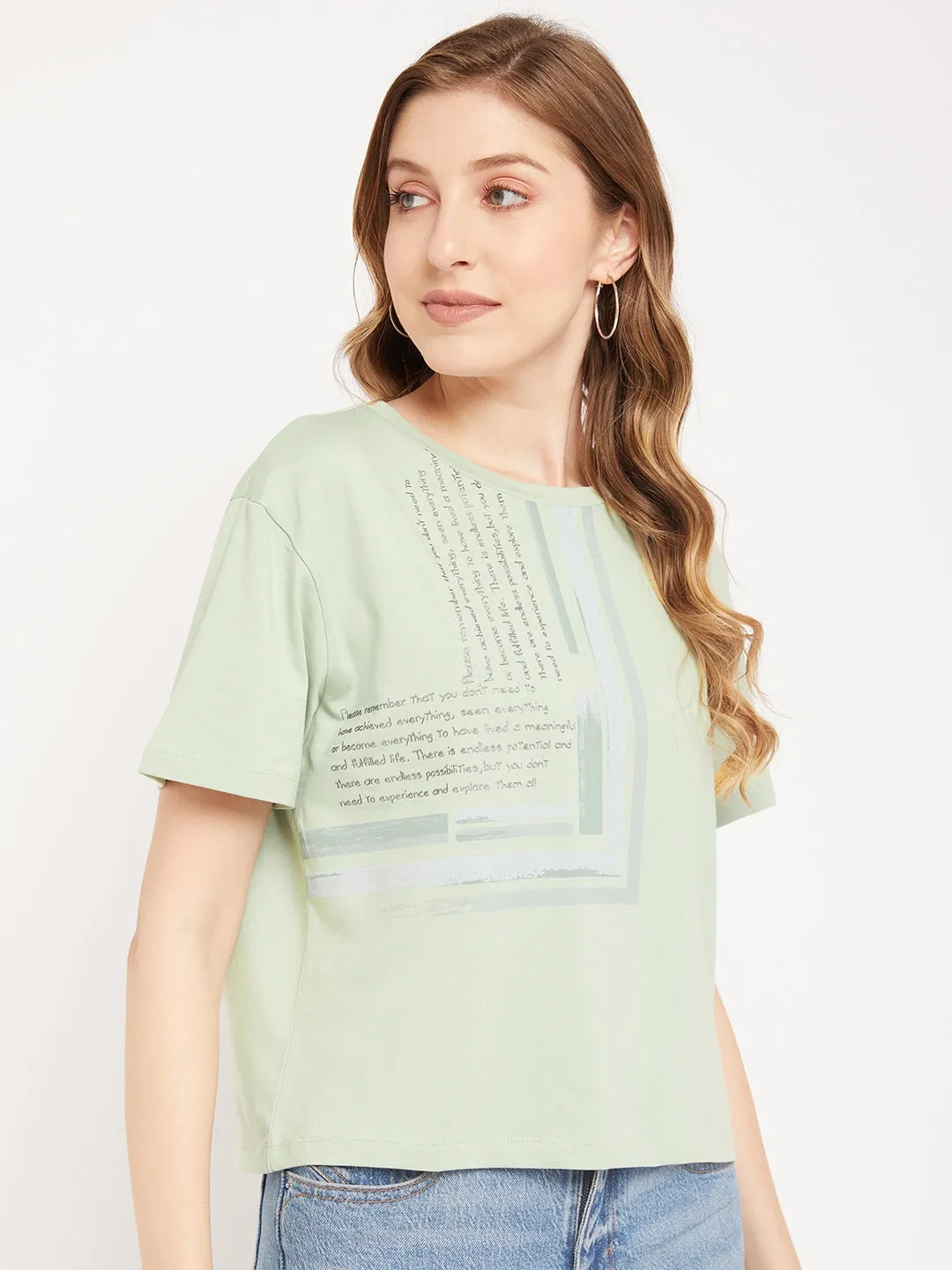 Comfortable clothing Everyday Look Madame Sea Green Typography T-Shirt