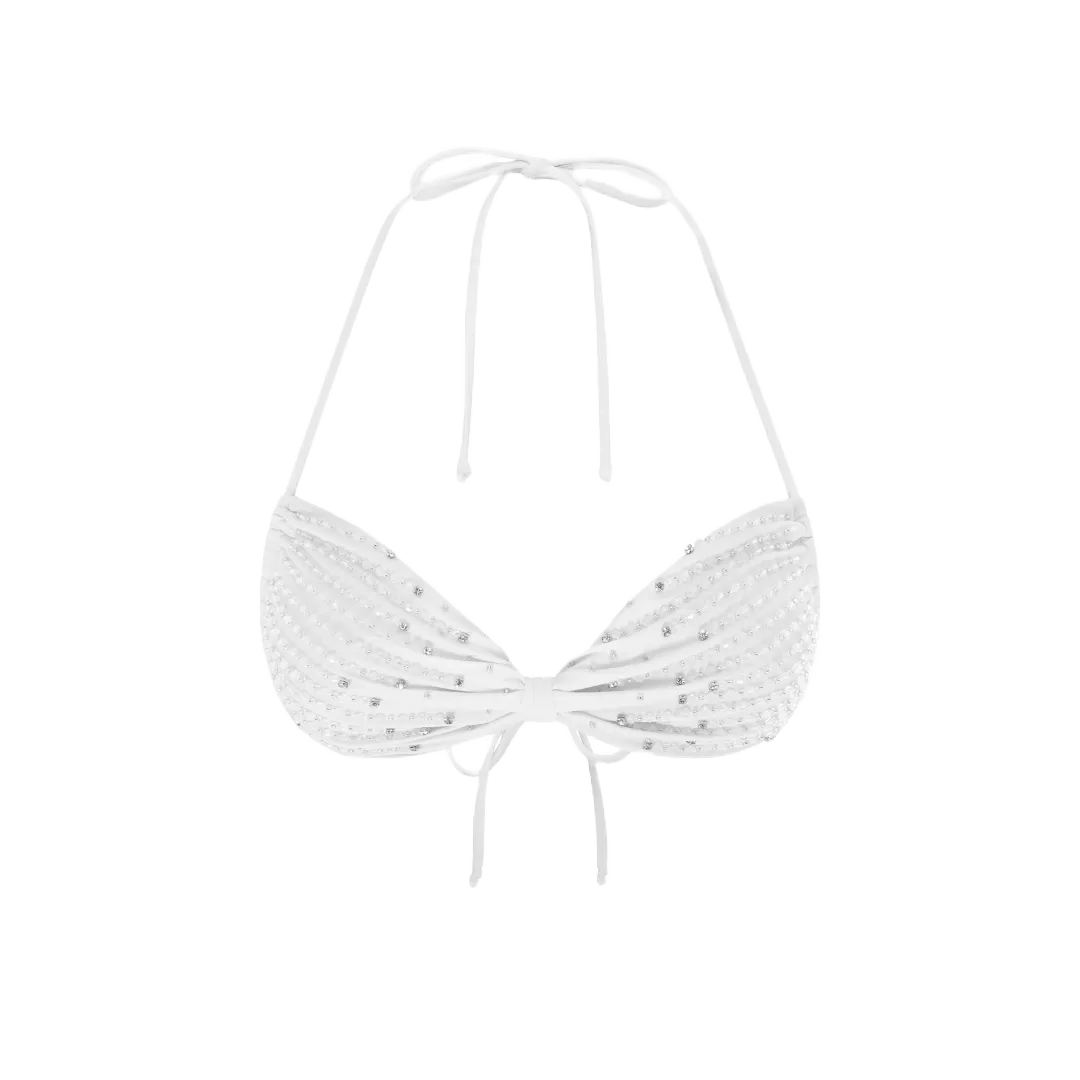 Four Way Stretch Ophelia Hand Embroidered Summer Bikini Top White