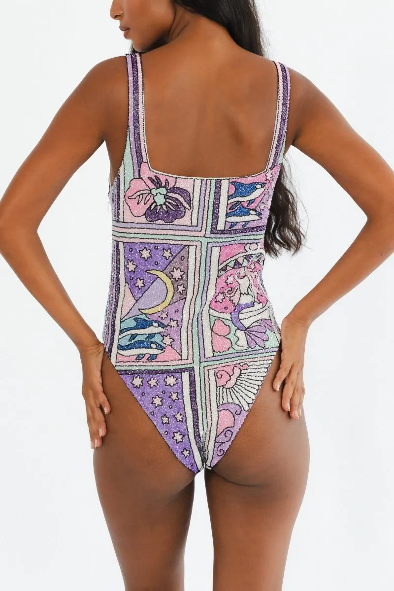 Moisture Wicking Lining Talia Hand Beaded Multi-Coloured Crystal Swimsuit