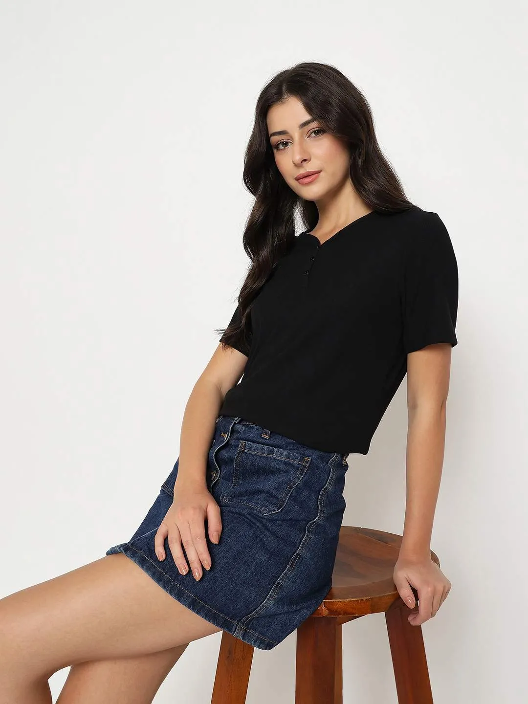 Madame Henley Neck Solid Black T-Shirt Simple yet stylish oversized but not shapeless