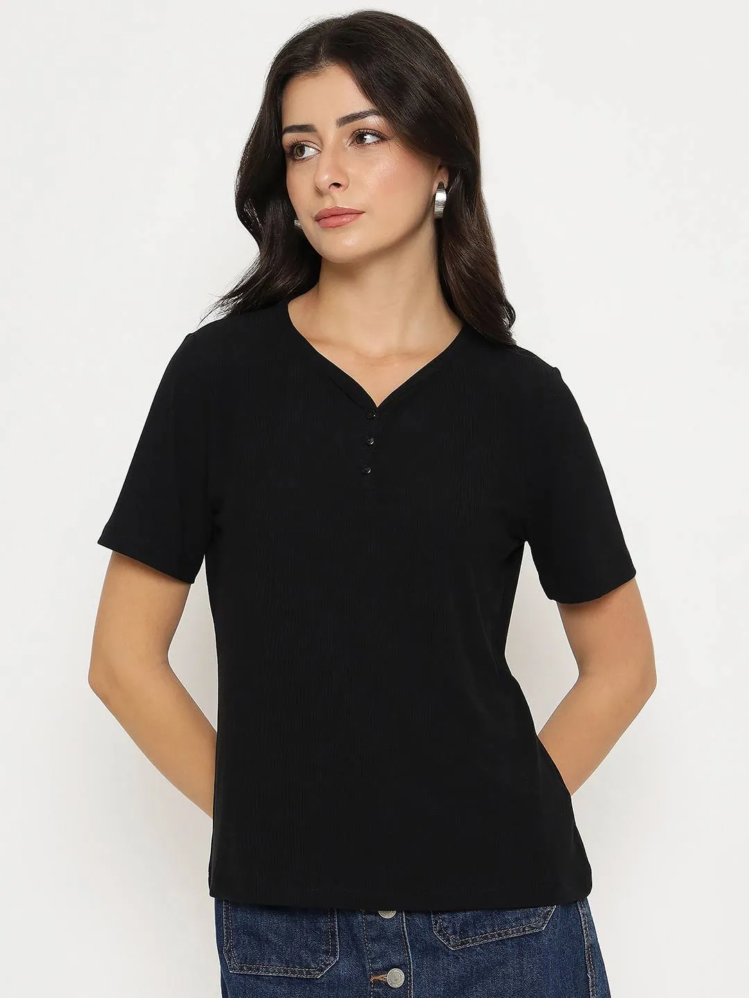 Madame Henley Neck Solid Black T-Shirt Active Trend Flexible Weave