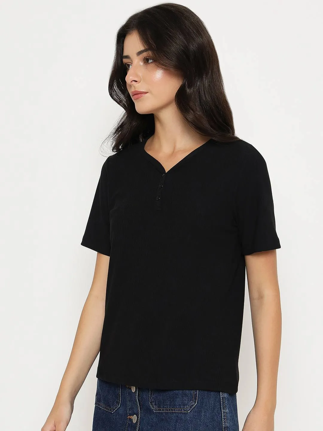 Weekend Comfort Style Pocket Reinforcement Madame Henley Neck Solid Black T-Shirt