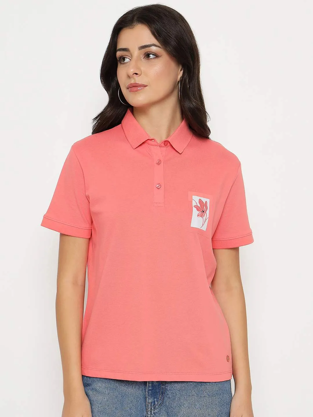 Moisture Management Technology Madame Graphic Print Adorned Cotton Blend Coral Polo T-shirt