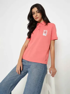 SkinFriendlyFibers Smooth Flatlock Stitching Madame Graphic Print Adorned Cotton Blend Coral Polo T-shirt