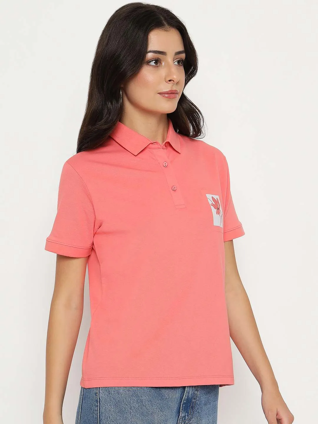 Madame Graphic Print Adorned Cotton Blend Coral Polo T-shirt Classic Cut