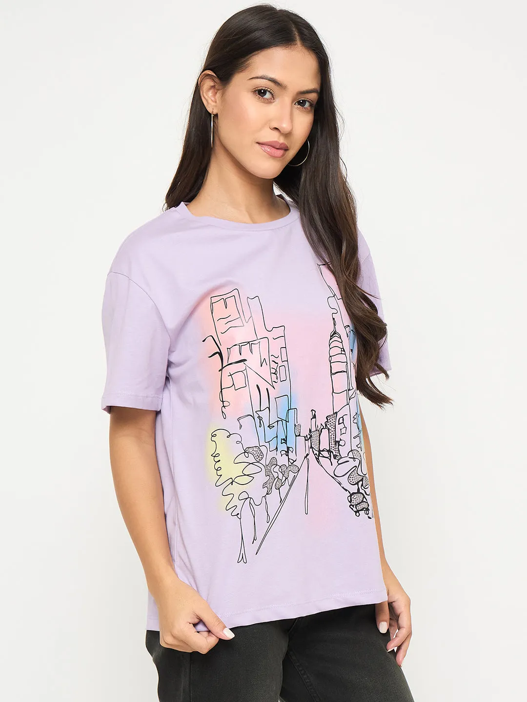 TaglessCollar Cycling endurance Madame Swarovski Detail Graphic Print Cotton Lilac T-shirt