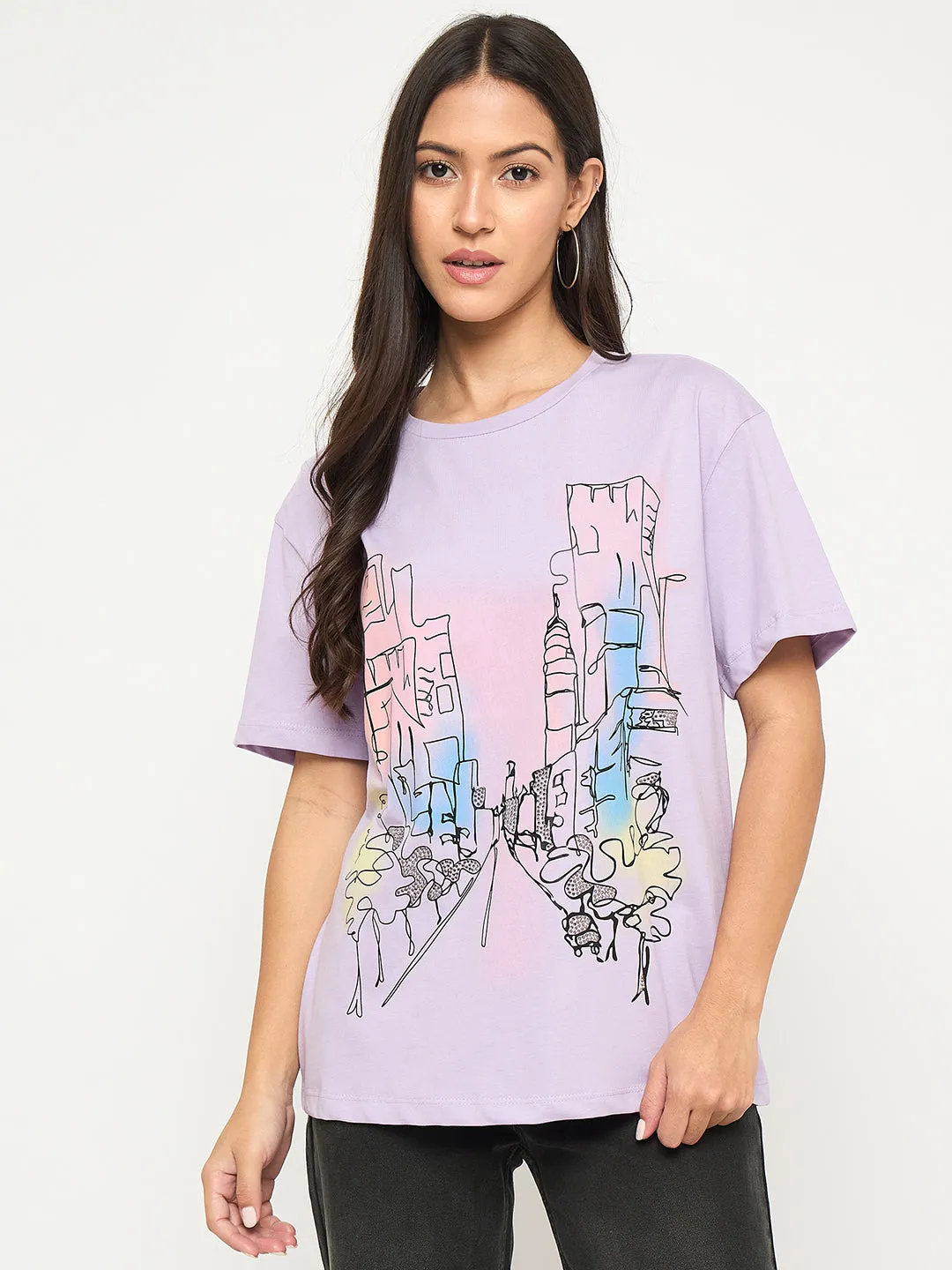 Layered Neckline Perfect Comfort Wear Madame Swarovski Detail Graphic Print Cotton Lilac T-shirt