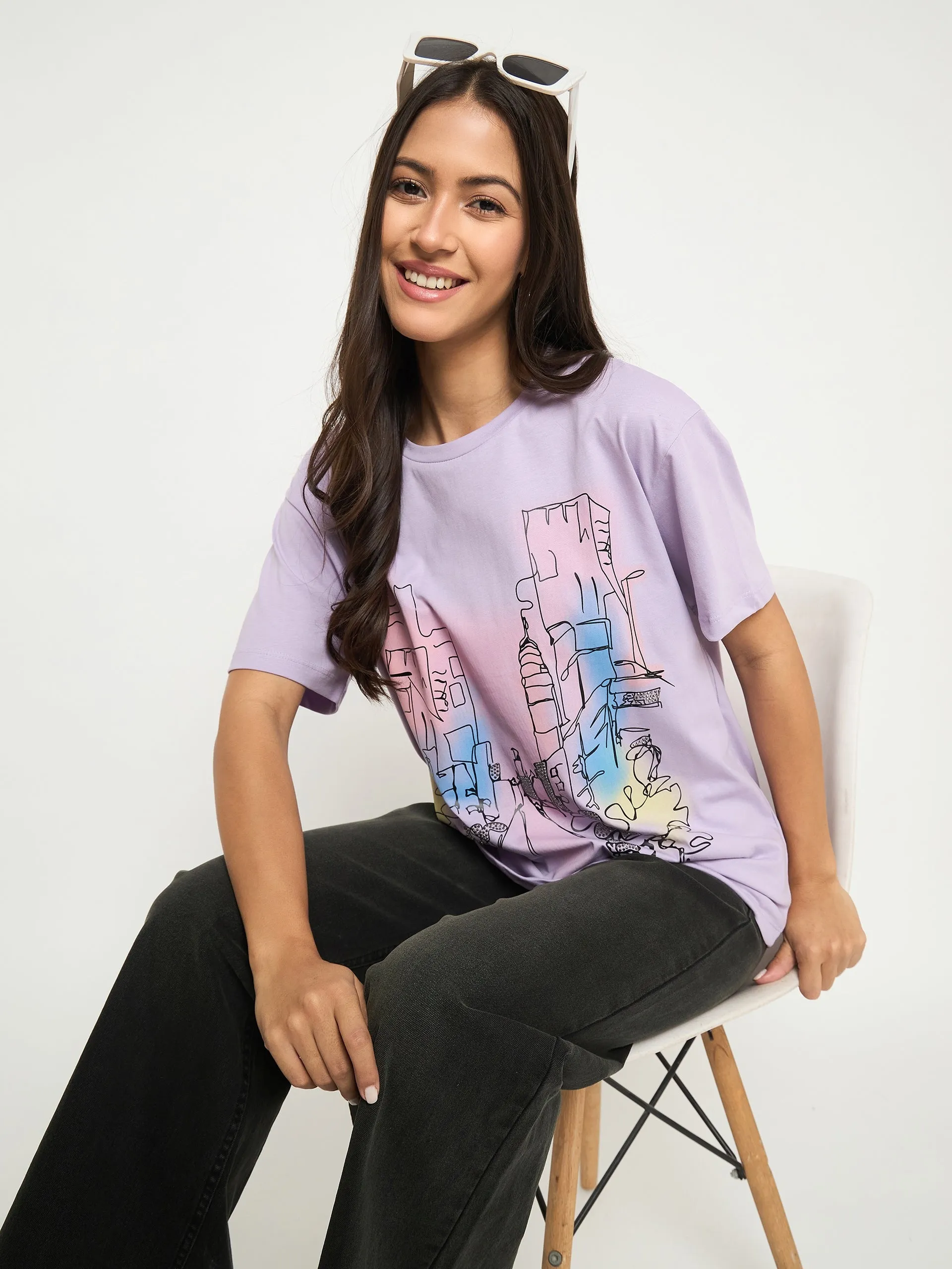 Functional Fashion Madame Swarovski Detail Graphic Print Cotton Lilac T-shirt