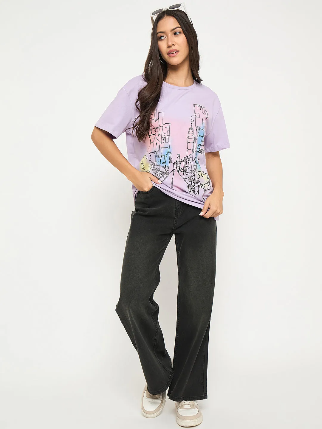 Lightweight Weave Heather Texture Finish Madame Swarovski Detail Graphic Print Cotton Lilac T-shirt