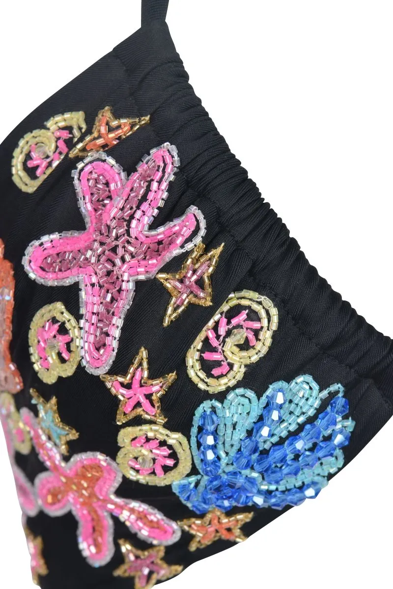 Compression Fit Lining Cool Touch Fabric Marissa Hand Embroidered Luxe Bikini Bottom- Black