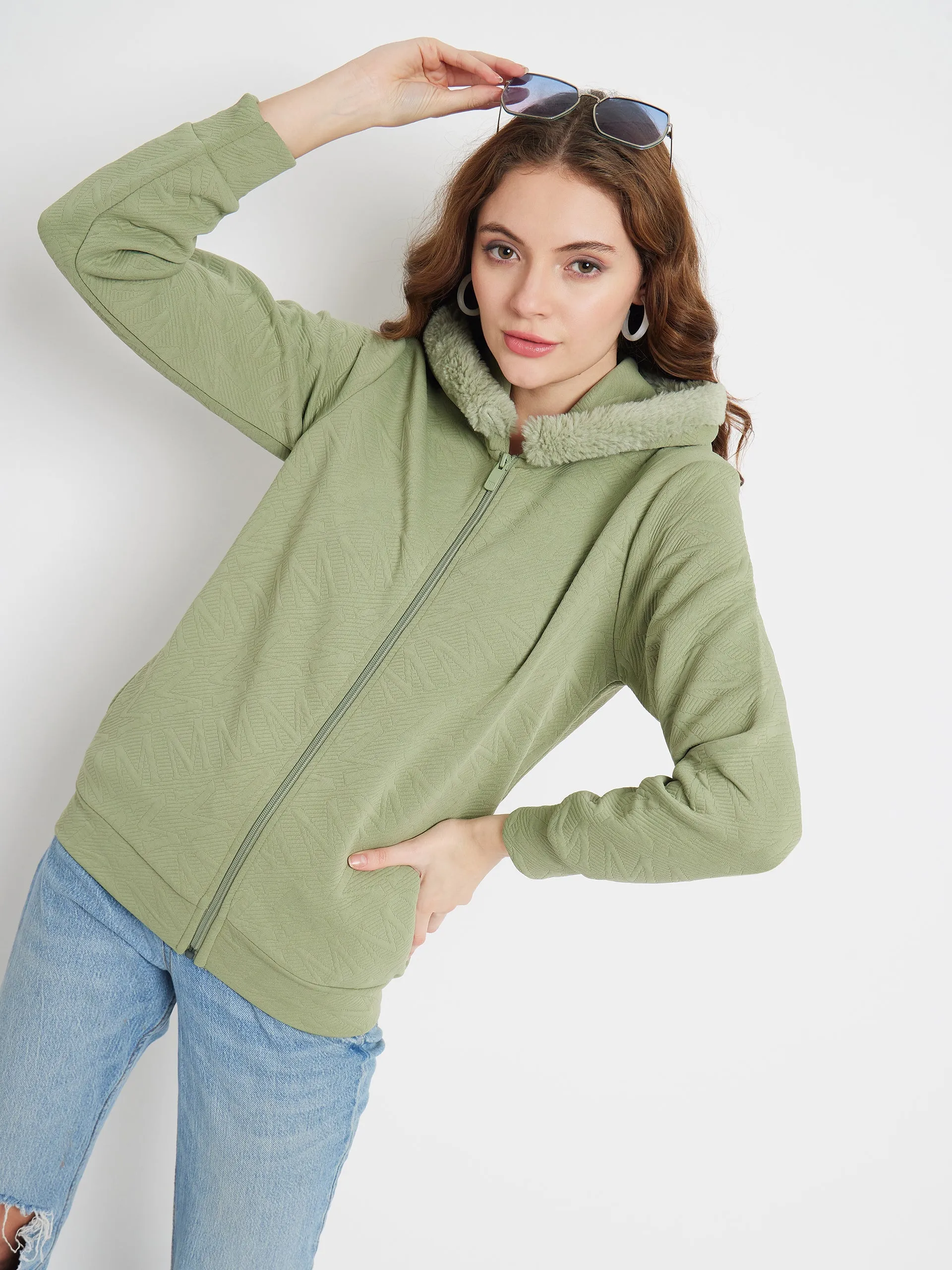 Madame Faux Fur Hood Applpe Green Sweatshirt product keychain convenience Trendy Layered